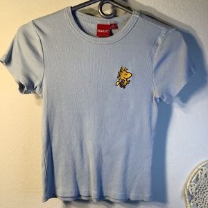 Peanuts Original Baby Blue Ribbed T-Shirt Size M Womens Woodstock Embroidered
